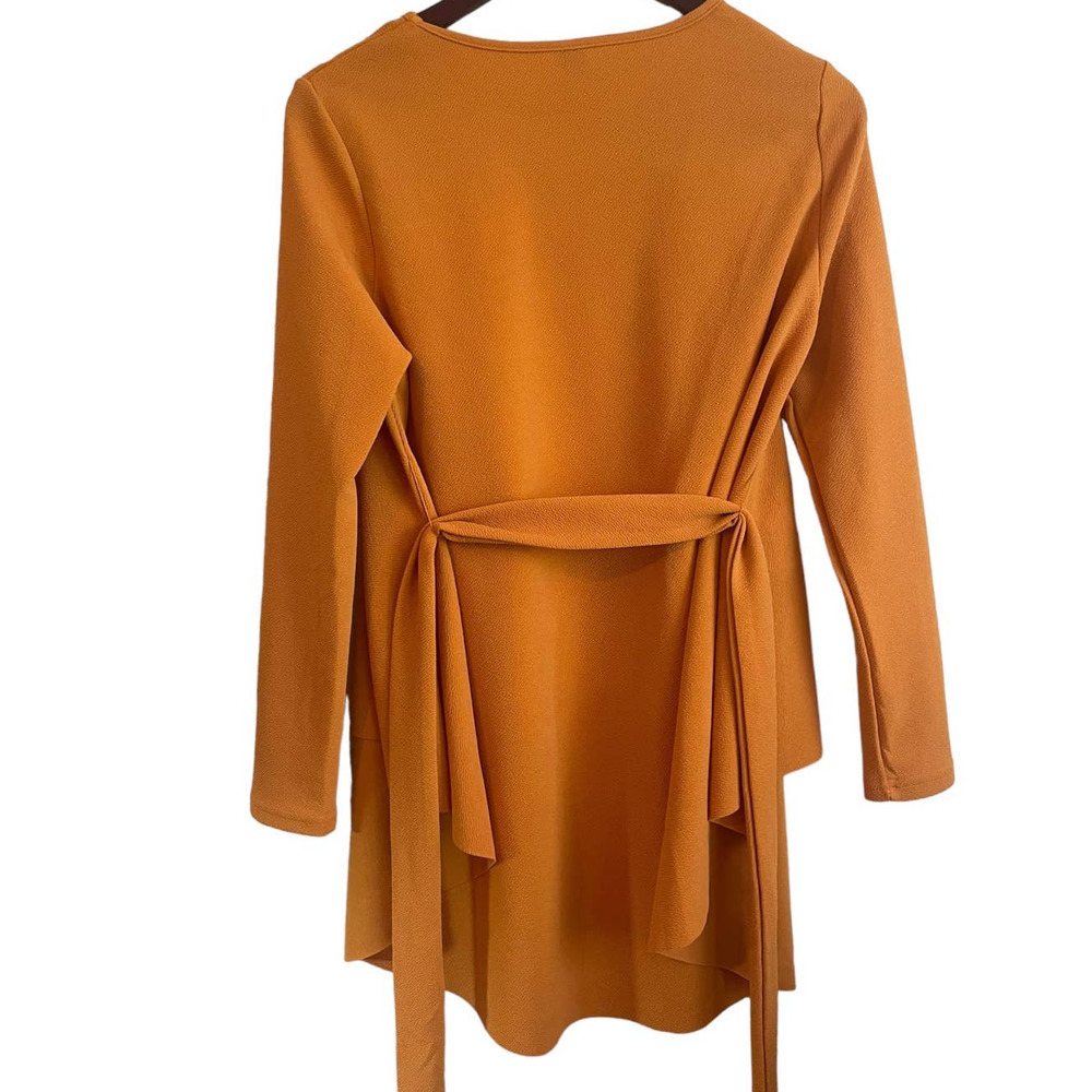 Shein Top Women Size 6 Orange Crew Neck Long Sleeve Tiered Belted Pullover - Picture 4 of 11